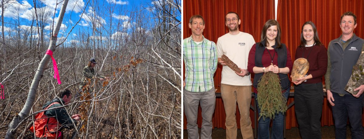 photo of two people working in a forest in winter (left) and five people posing with forest objects in front of a curtain (right)