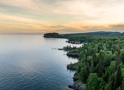 An aerial view of Lake Superior at sunset.